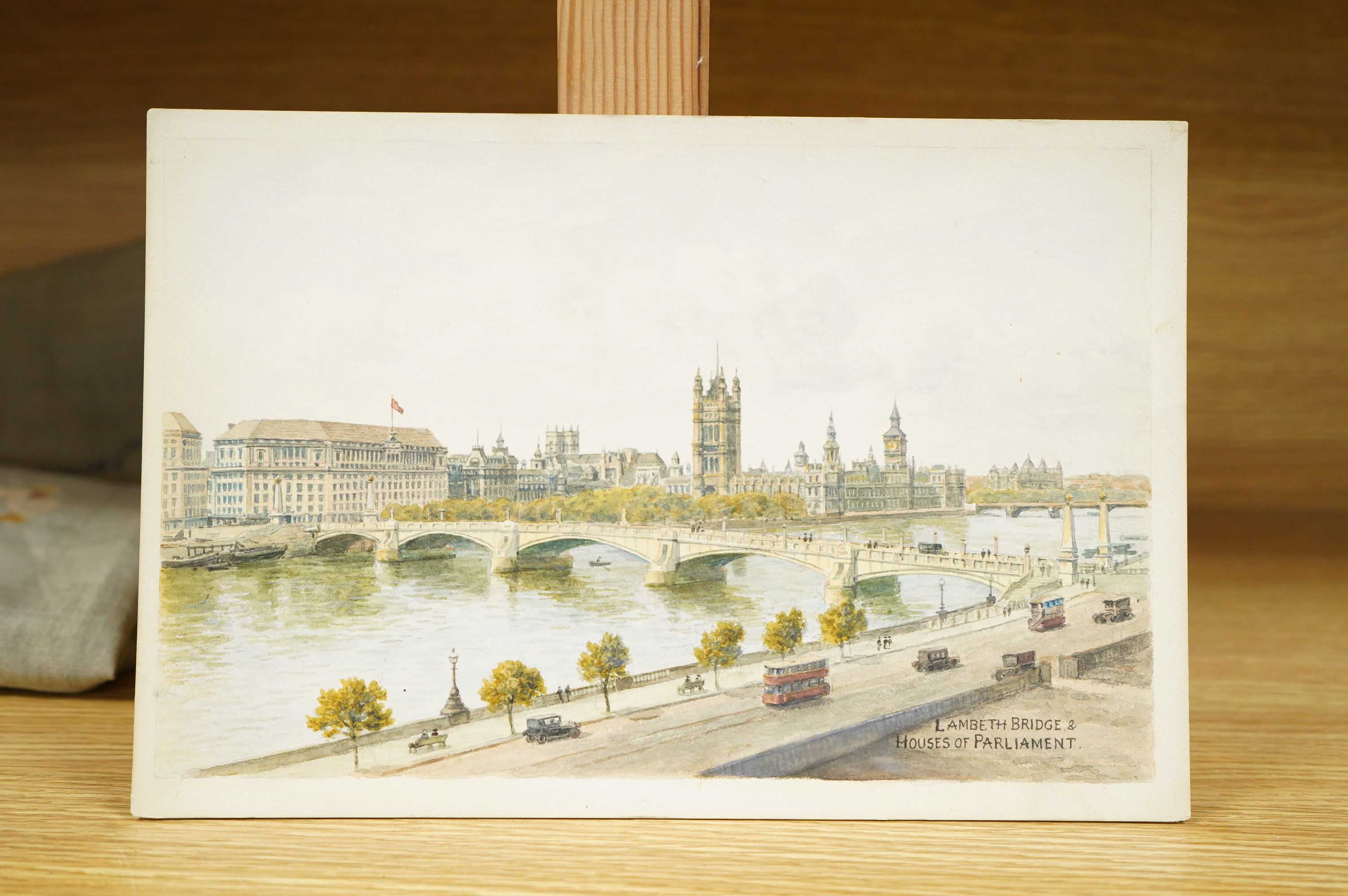 Alfred Robert Quinton (1853-1934), a set of six original watercolours for postcard designs, London views to include: Lambeth Bridge and Houses of Parliament, The Thames Embankment, The Lakes St James Park and Hyde Park C